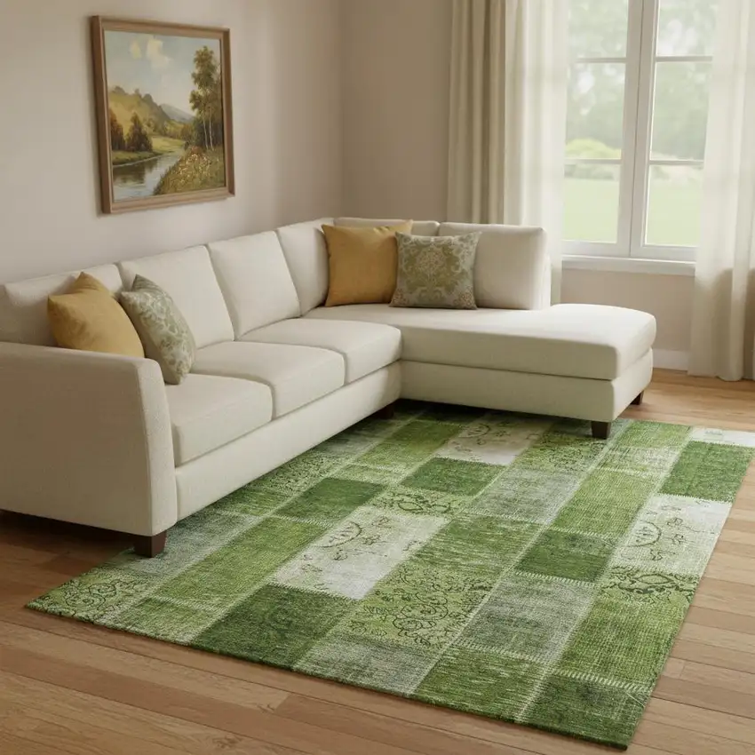 Olive Green And Ivory Patchwork Washable Area Rug With UV Protection Photo 1