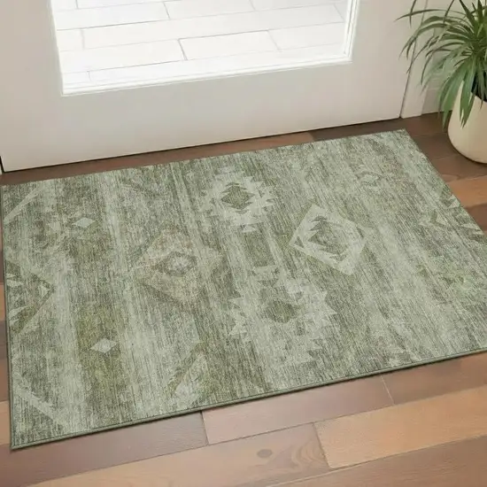 Olive Green And Ivory Southwestern Washable Area Rug With UV Protection Photo 1