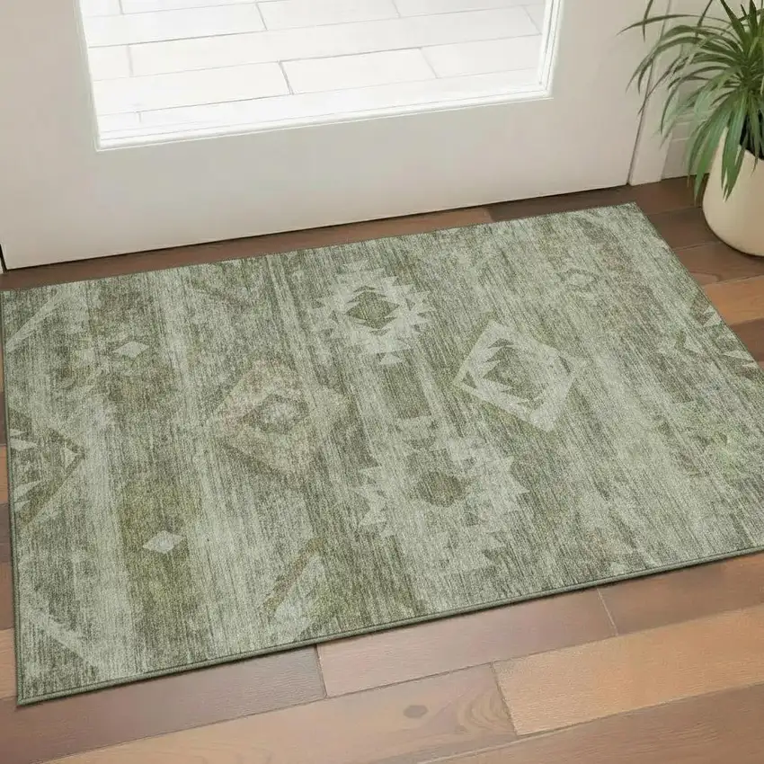 Olive Green And Ivory Southwestern Washable Area Rug With UV Protection Photo 1