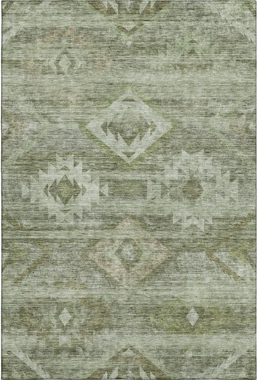 Olive Green And Ivory Southwestern Washable Area Rug With UV Protection Photo 1