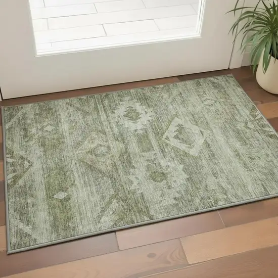 Olive Green And Ivory Southwestern Washable Area Rug With UV Protection Photo 2