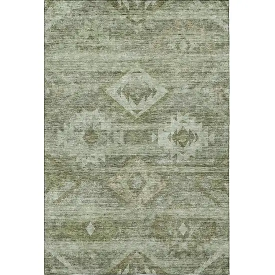 Olive Green And Ivory Southwestern Washable Area Rug With UV Protection Photo 4