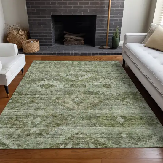 Olive Green And Ivory Southwestern Washable Area Rug With UV Protection Photo 5