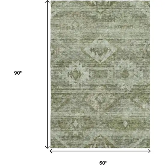 Olive Green And Ivory Southwestern Washable Area Rug With UV Protection Photo 3