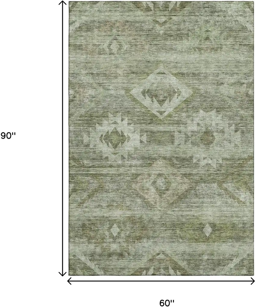 Olive Green And Ivory Southwestern Washable Area Rug With UV Protection Photo 3
