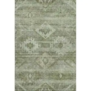 Photo of Olive Green And Ivory Southwestern Washable Area Rug With UV Protection
