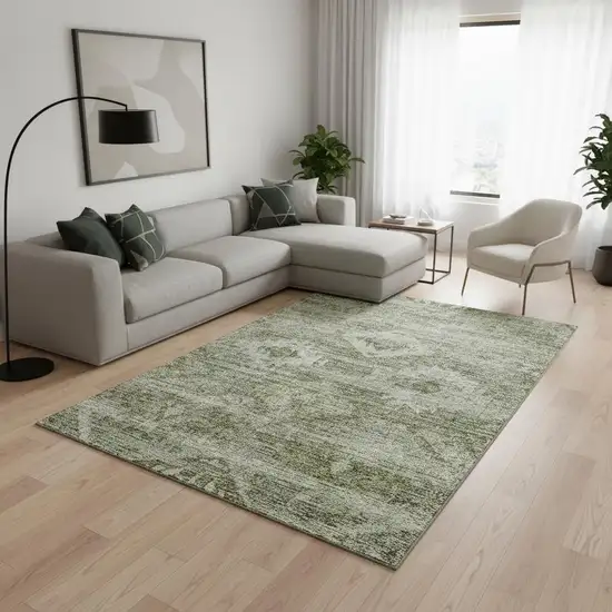 Olive Green And Ivory Southwestern Washable Area Rug With UV Protection Photo 2