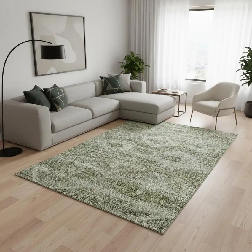 Olive Green And Ivory Southwestern Washable Area Rug With UV Protection Photo 2