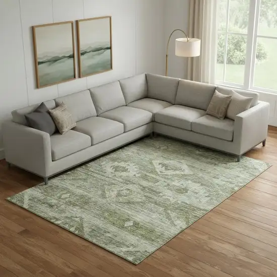 Olive Green And Ivory Southwestern Washable Area Rug With UV Protection Photo 1