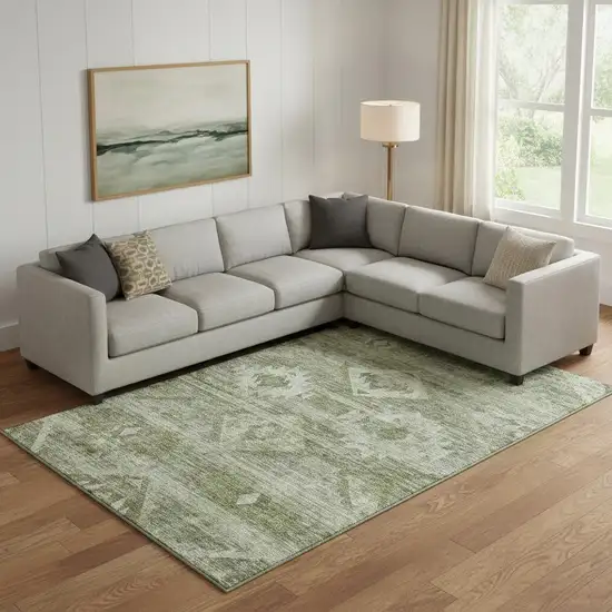 Olive Green And Ivory Southwestern Washable Area Rug With UV Protection Photo 1