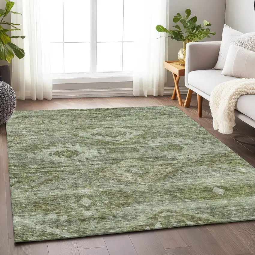 Olive Green And Ivory Southwestern Washable Area Rug With UV Protection Photo 6