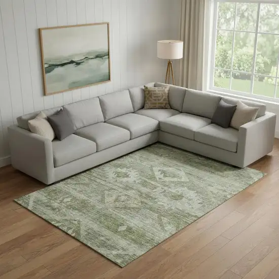 Olive Green And Ivory Southwestern Washable Area Rug With UV Protection Photo 1