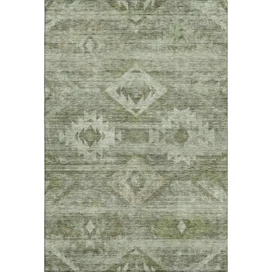 Olive Green And Ivory Southwestern Washable Area Rug With UV Protection Photo 1
