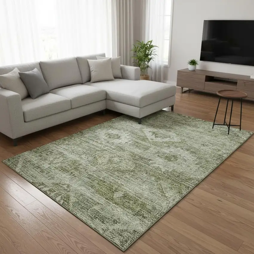 Olive Green And Ivory Southwestern Washable Area Rug With UV Protection Photo 2