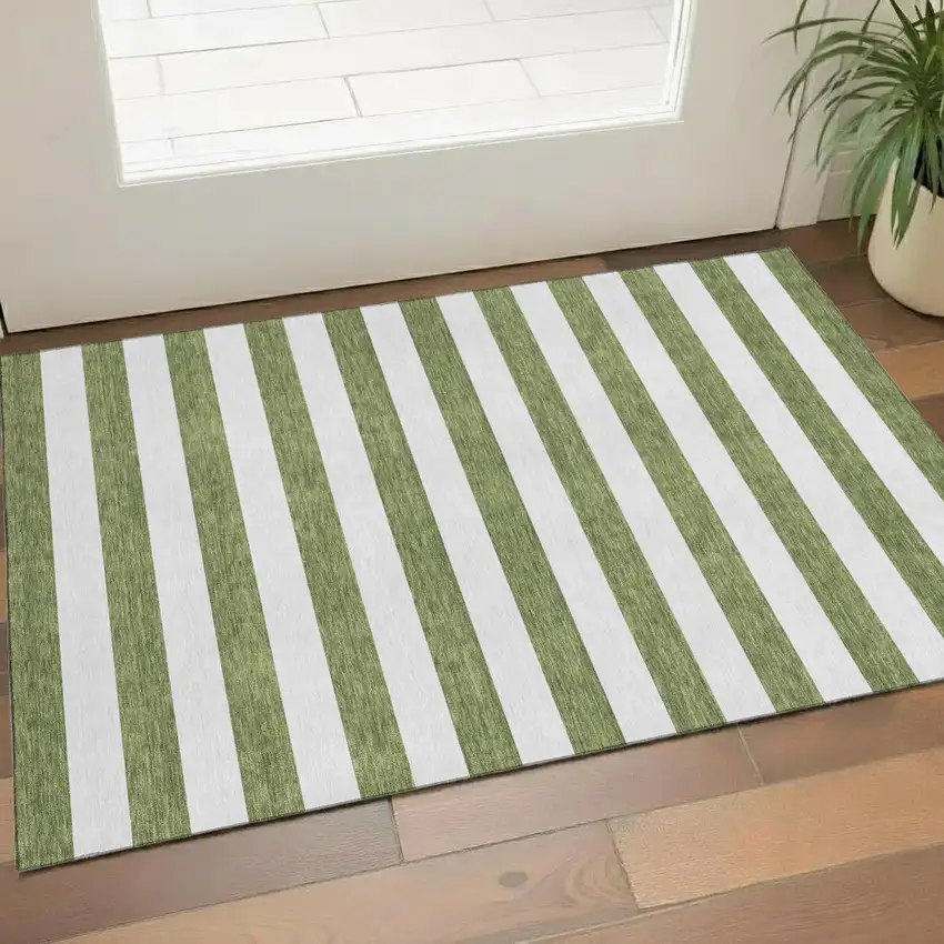 Olive Green And Ivory Striped Washable Area Rug With UV Protection Photo 1