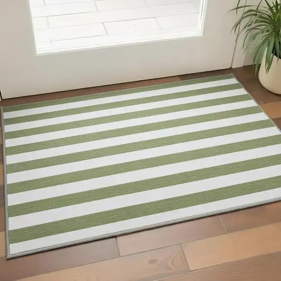 Olive Green And Ivory Striped Washable Area Rug With UV Protection Photo 2