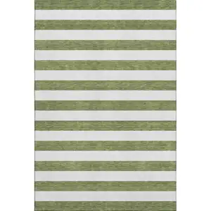 Photo of Olive Green And Ivory Striped Washable Area Rug With UV Protection