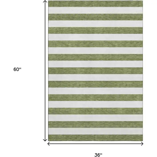 Olive Green And Ivory Striped Washable Area Rug With UV Protection Photo 7