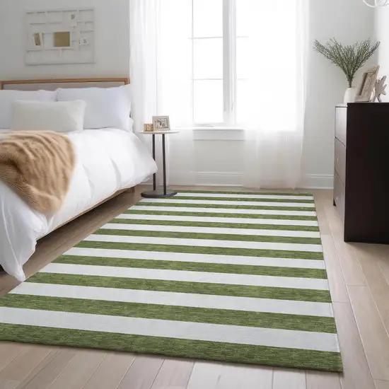 Olive Green And Ivory Striped Washable Area Rug With UV Protection Photo 4