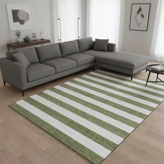 Olive Green And Ivory Striped Washable Area Rug With UV Protection Photo 2