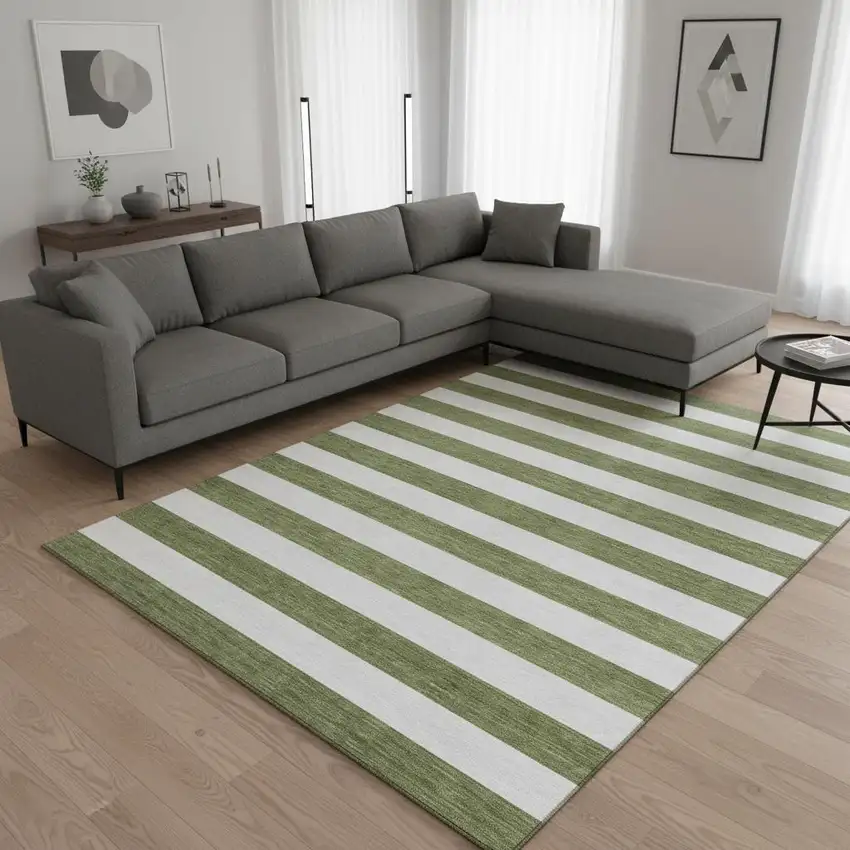 Olive Green And Ivory Striped Washable Area Rug With UV Protection Photo 2