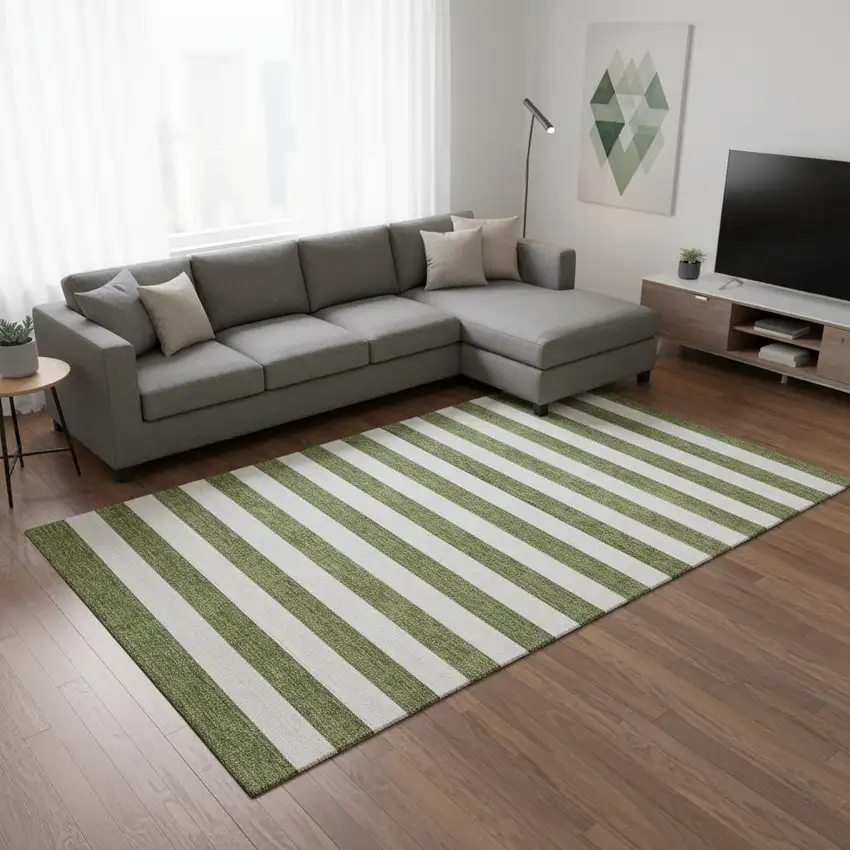 Olive Green And Ivory Striped Washable Area Rug With UV Protection Photo 2