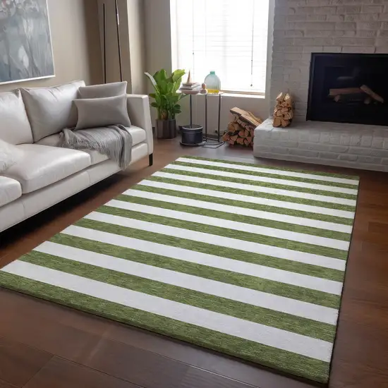 Olive Green And Ivory Striped Washable Area Rug With UV Protection Photo 6