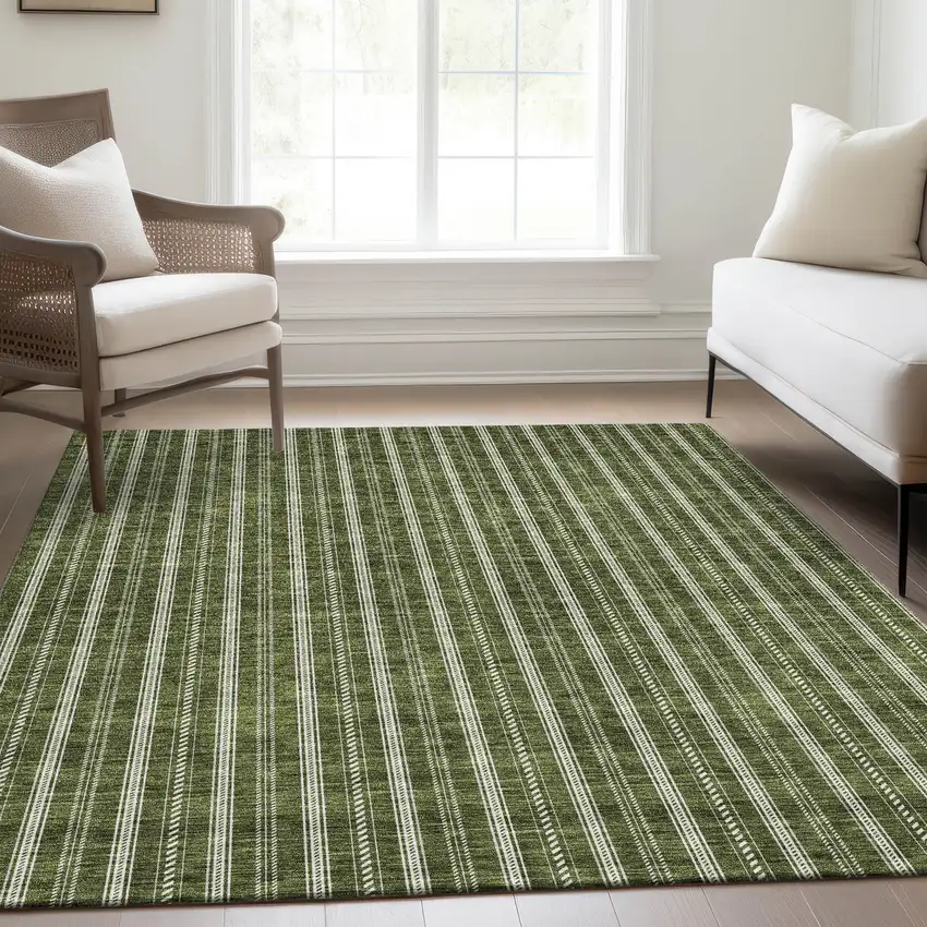 Olive Green And Ivory Striped Washable Area Rug With UV Protection Photo 5