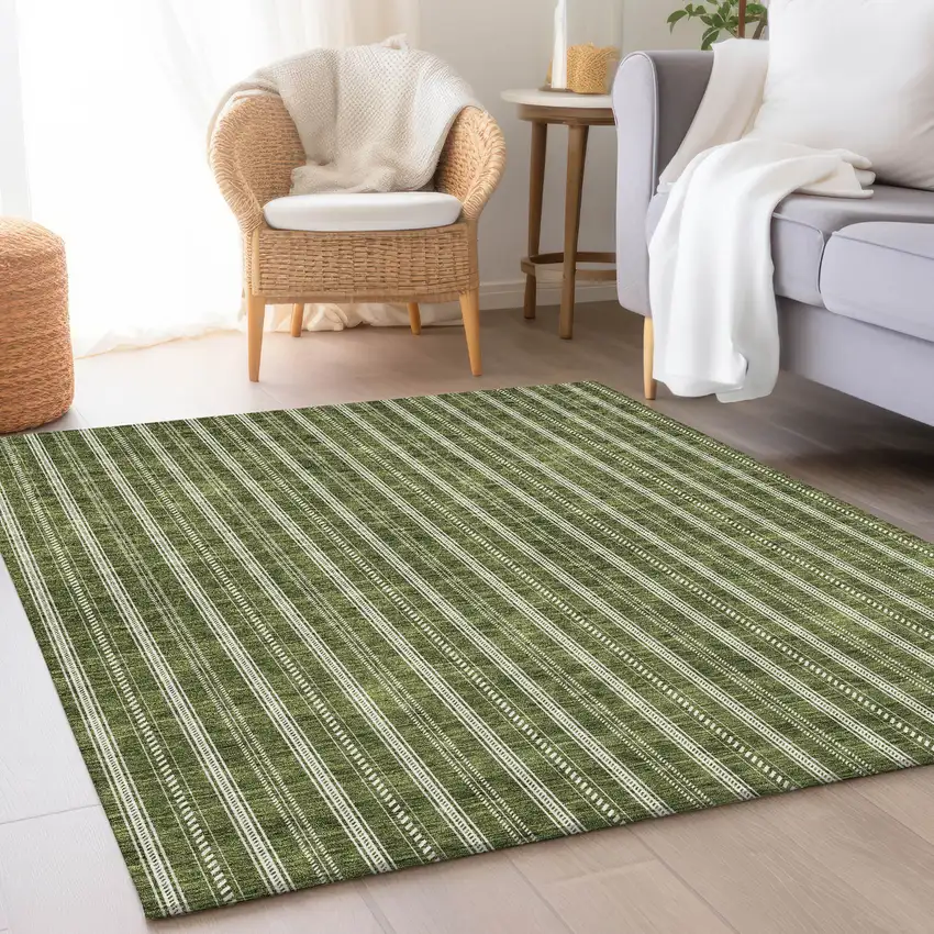 Olive Green And Ivory Striped Washable Area Rug With UV Protection Photo 4