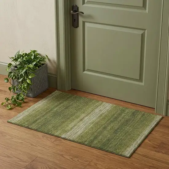 Olive Green And Ivory Striped Washable Area Rug With UV Protection Photo 1