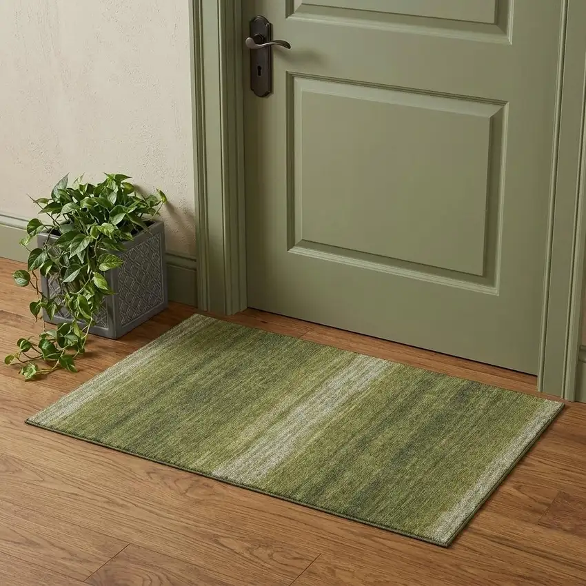 Olive Green And Ivory Striped Washable Area Rug With UV Protection Photo 1