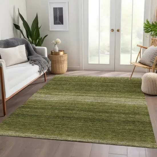 Olive Green And Ivory Striped Washable Area Rug With UV Protection Photo 4
