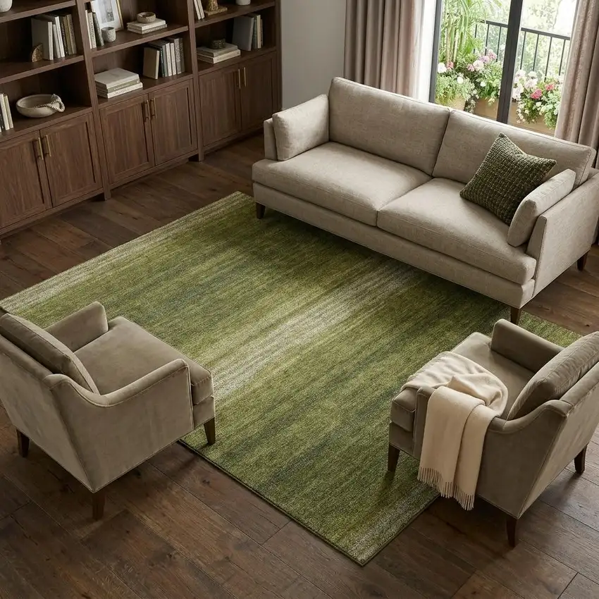 Olive Green And Ivory Striped Washable Area Rug With UV Protection Photo 1
