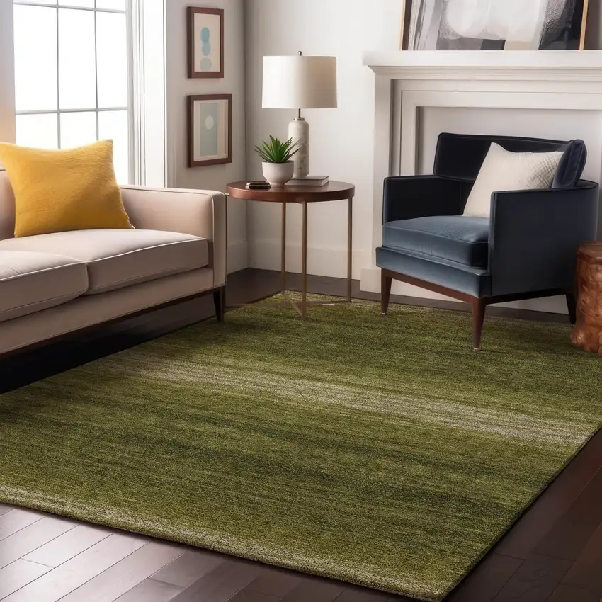 Olive Green And Ivory Striped Washable Area Rug With UV Protection Photo 4