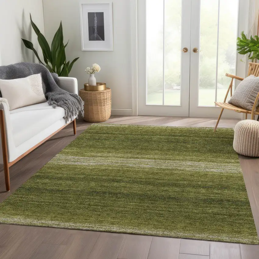 Olive Green And Ivory Striped Washable Area Rug With UV Protection Photo 5