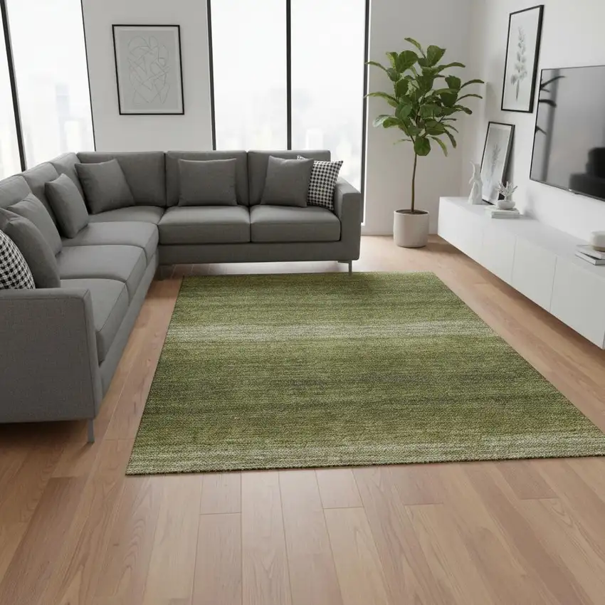 Olive Green And Ivory Striped Washable Area Rug With UV Protection Photo 2