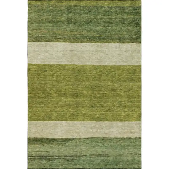 Olive Green And Ivory Striped Washable Area Rug With UV Protection Photo 1