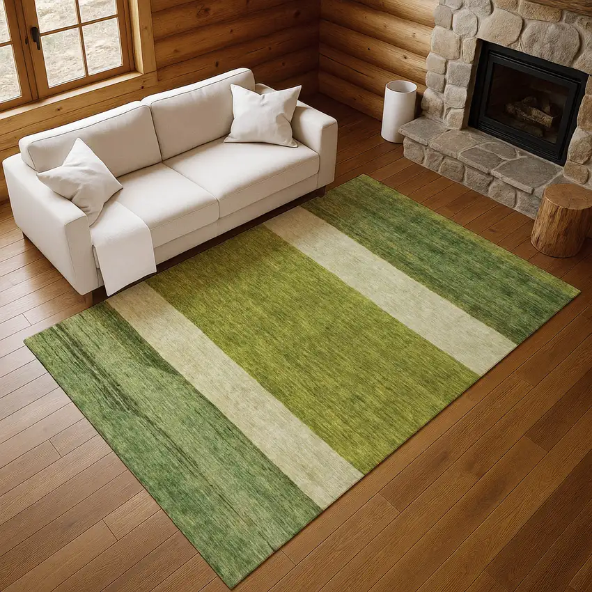 Olive Green And Ivory Striped Washable Area Rug With UV Protection Photo 6
