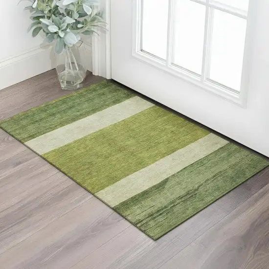 Olive Green And Ivory Striped Washable Area Rug With UV Protection Photo 2