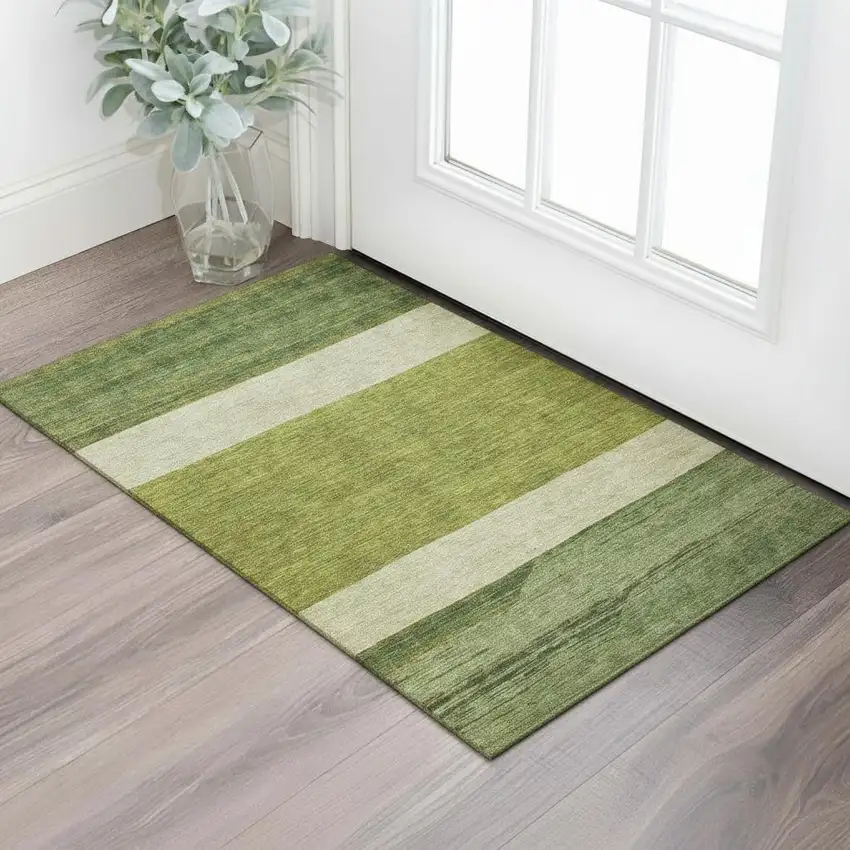 Olive Green And Ivory Striped Washable Area Rug With UV Protection Photo 2