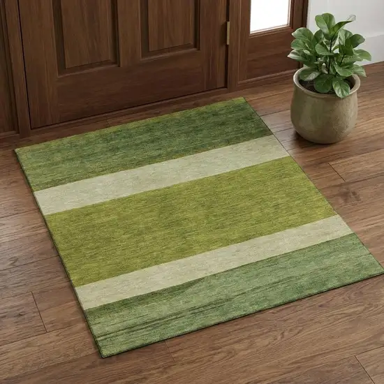 Olive Green And Ivory Striped Washable Area Rug With UV Protection Photo 1