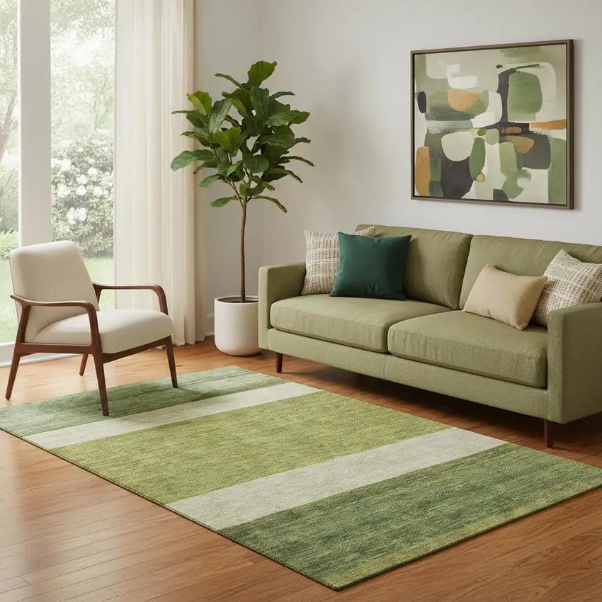 Olive Green And Ivory Striped Washable Area Rug With UV Protection Photo 2