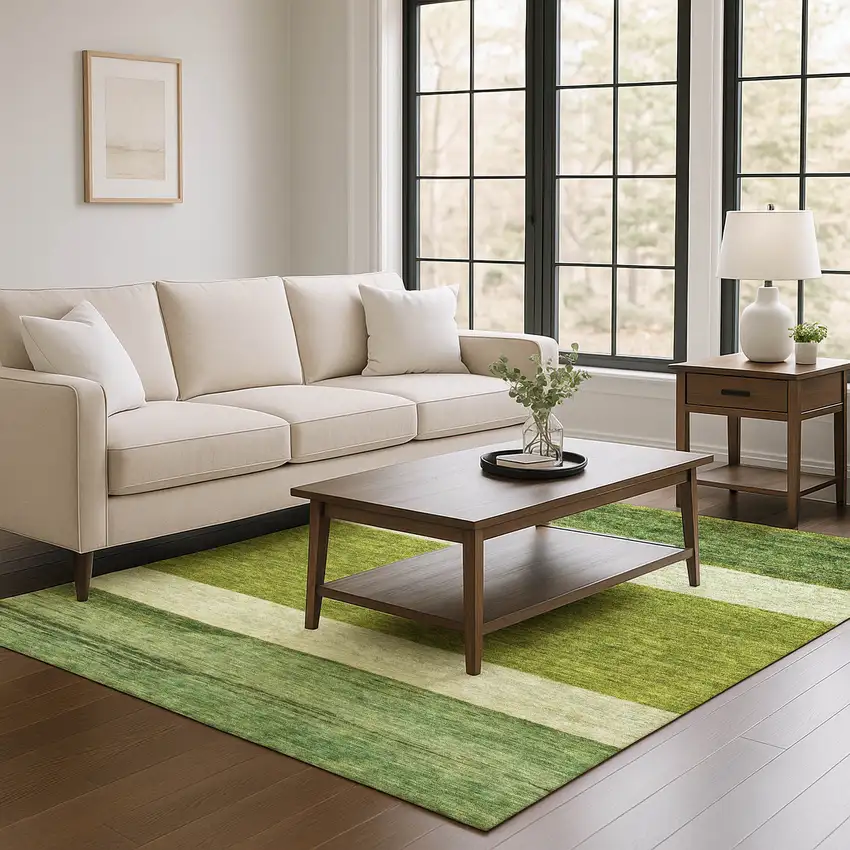 Olive Green And Ivory Striped Washable Area Rug With UV Protection Photo 4