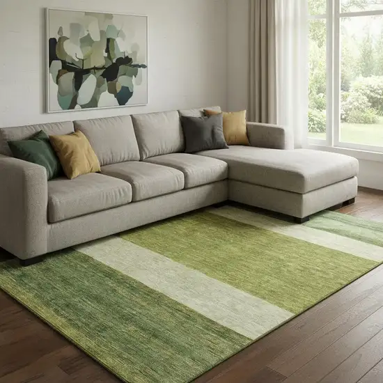Olive Green And Ivory Striped Washable Area Rug With UV Protection Photo 2