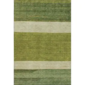 Photo of Olive Green And Ivory Striped Washable Area Rug With UV Protection