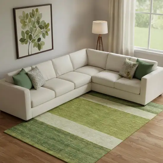 Olive Green And Ivory Striped Washable Area Rug With UV Protection Photo 2