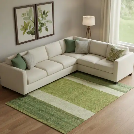 Olive Green And Ivory Striped Washable Area Rug With UV Protection Photo 2