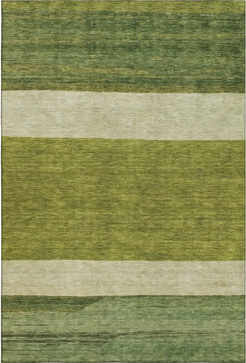 Olive Green And Ivory Striped Washable Area Rug With UV Protection Photo 1