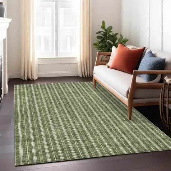 Olive Green And Ivory Striped Washable Indoor Outdoor Area Rug Photo 9