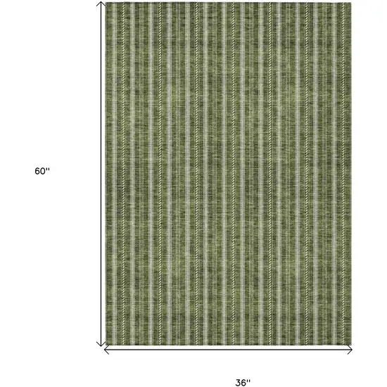 Olive Green And Ivory Striped Washable Indoor Outdoor Area Rug Photo 3